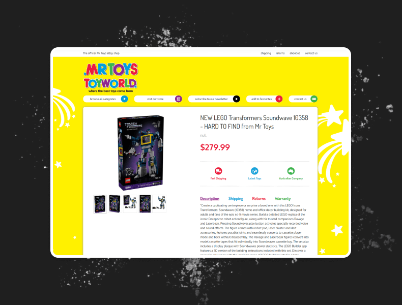 Mr Toys eBay listing template showing colourful, structured content layout with product highlights and features clearly displayed
