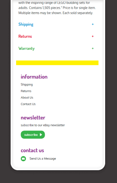 Mobile layout for Mr Toys eBay listing showing policy and information sections easy to read on smaller screens