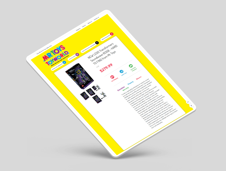 Tablet view of Mr Toys eBay listing showing responsive product gallery and layout for smooth browsing