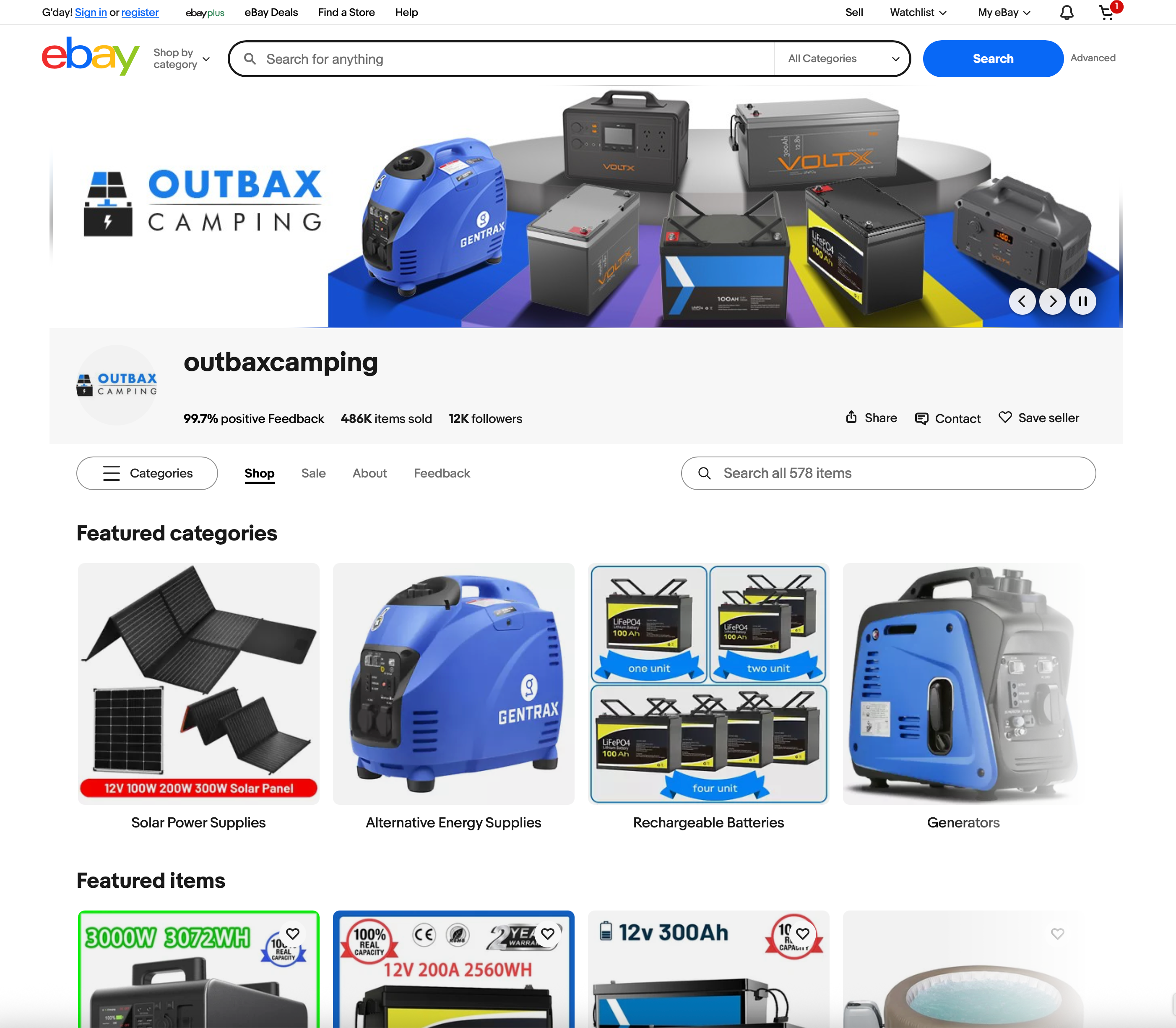 Custom eBay listing template for Outbax Camping showing branded layout, clear product sections, and mobile-friendly design