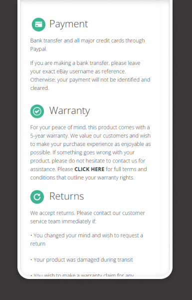 Mobile-friendly tabbed layout for policies, shipping, and returns on OzPlaza Living’s eBay listing design