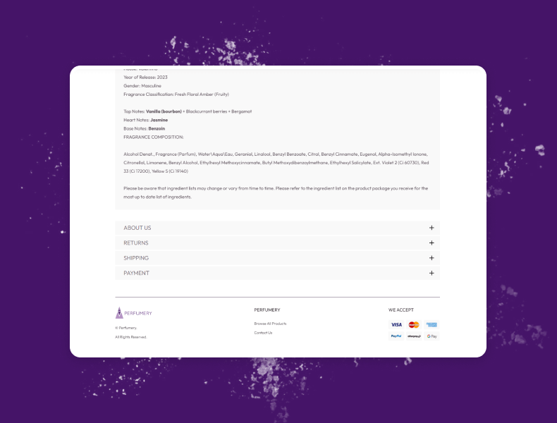 Clearly structured authenticity, shipping, and returns sections designed for easy scanning