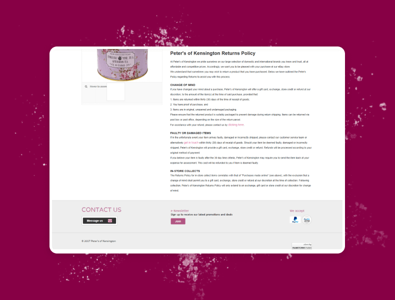 Clearly organised policy and store information sections for buyer confidence