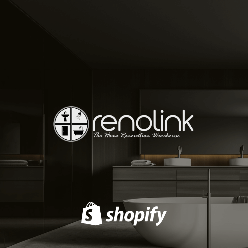 Thumbnail image for Renolink Shopify migration portfolio, featuring a modern bathroom design with the Renolink logo, showcasing the retailer’s professional new online store