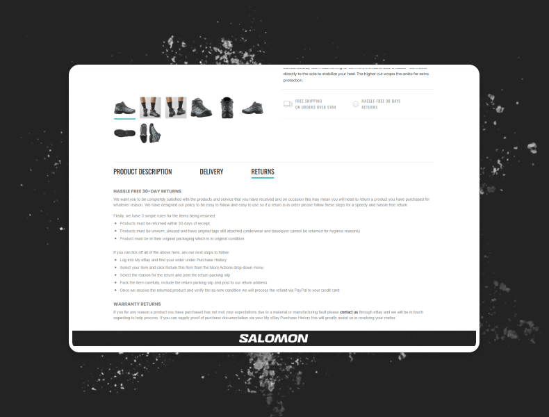 Tabbed policy sections presenting shipping and returns information clearly