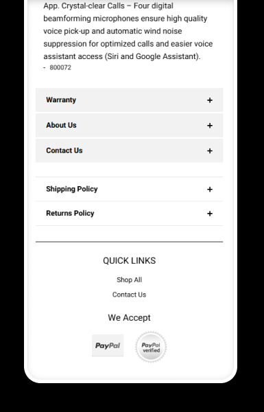 Mobile-friendly policy tabs keeping warranty and store information easy to access