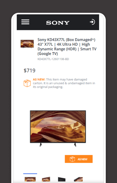 eBay listing on mobile showing Sony product gallery, product condition, unique value propositions in a clean, professional design