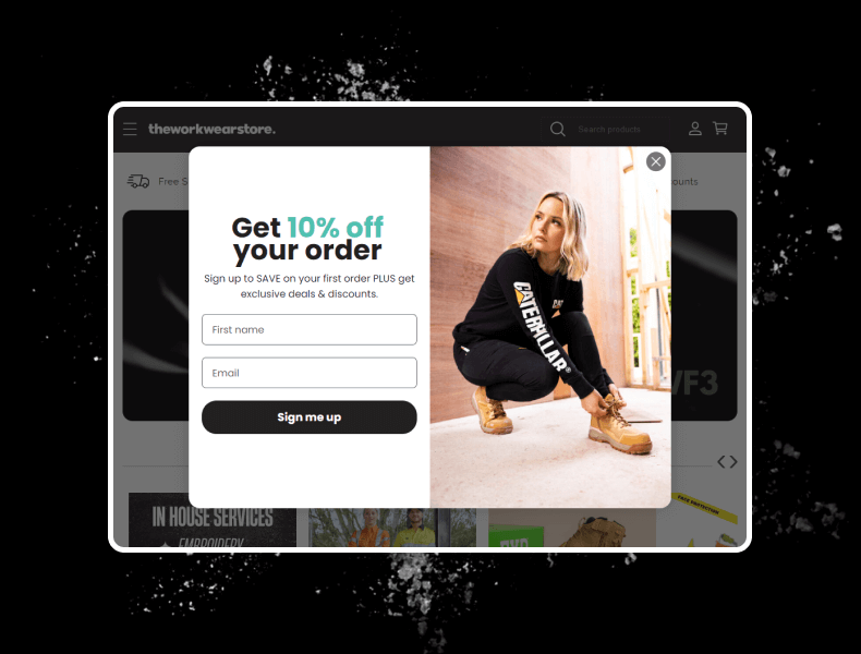 Homepage with Klaviyo signup popup on The Workwear Store Shopify site, showcasing personalised email marketing to boost retention and loyalty